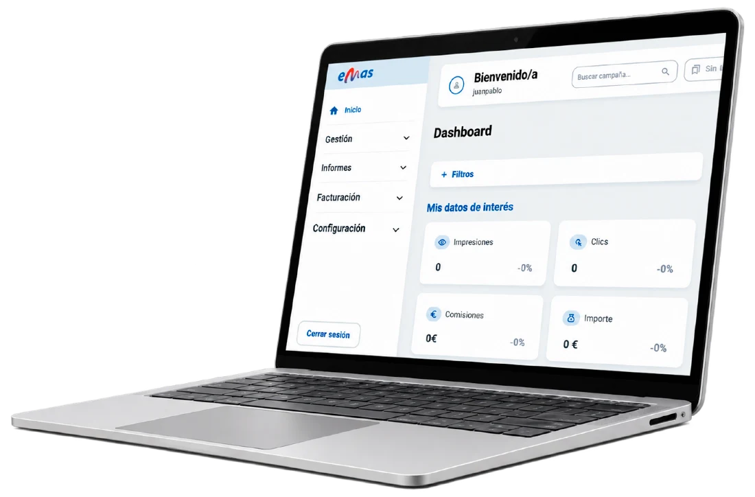 eMas affiliate and tracking platform dashboard on a laptop