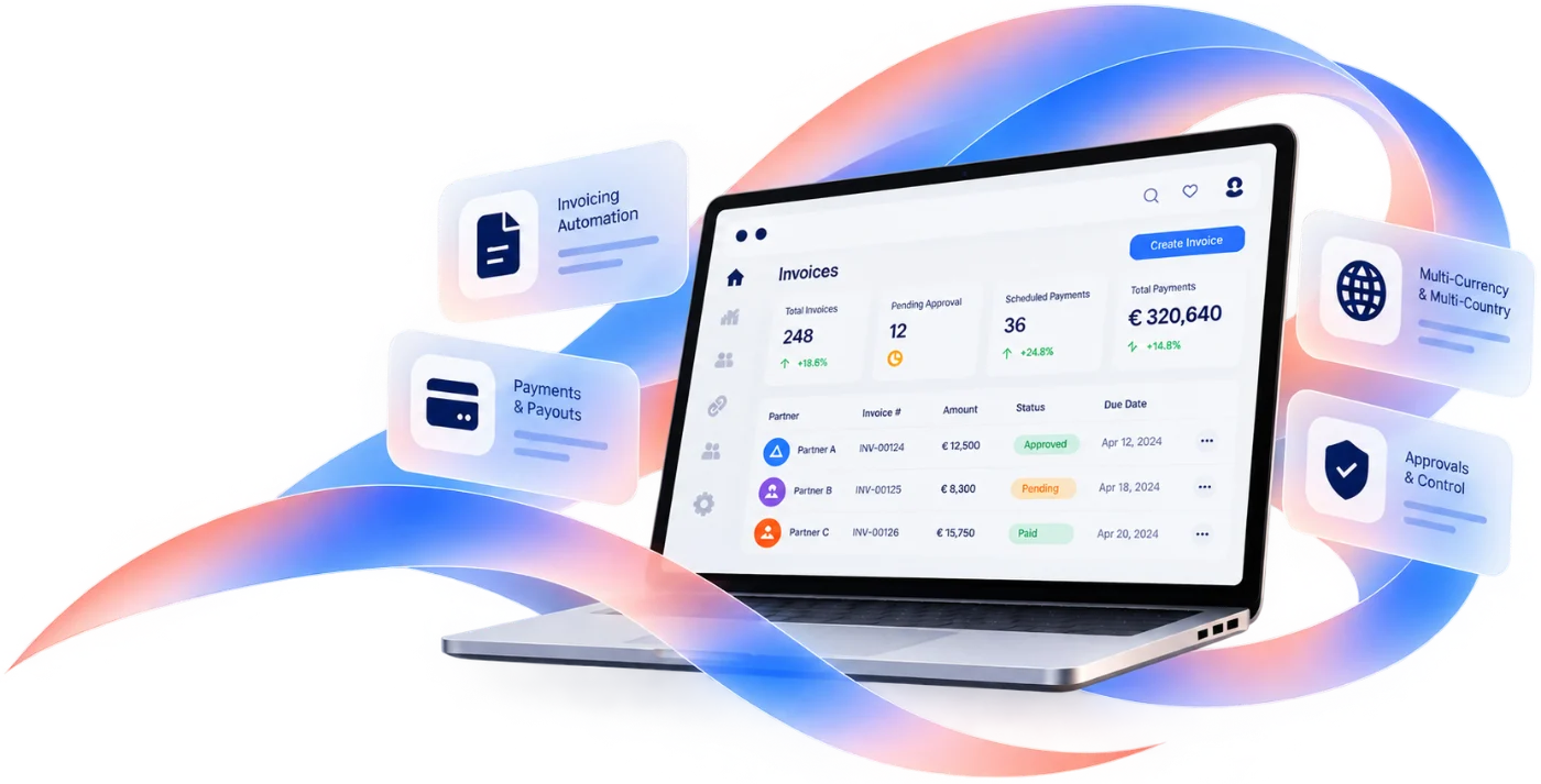 eMas invoicing dashboard with partner invoices and payments