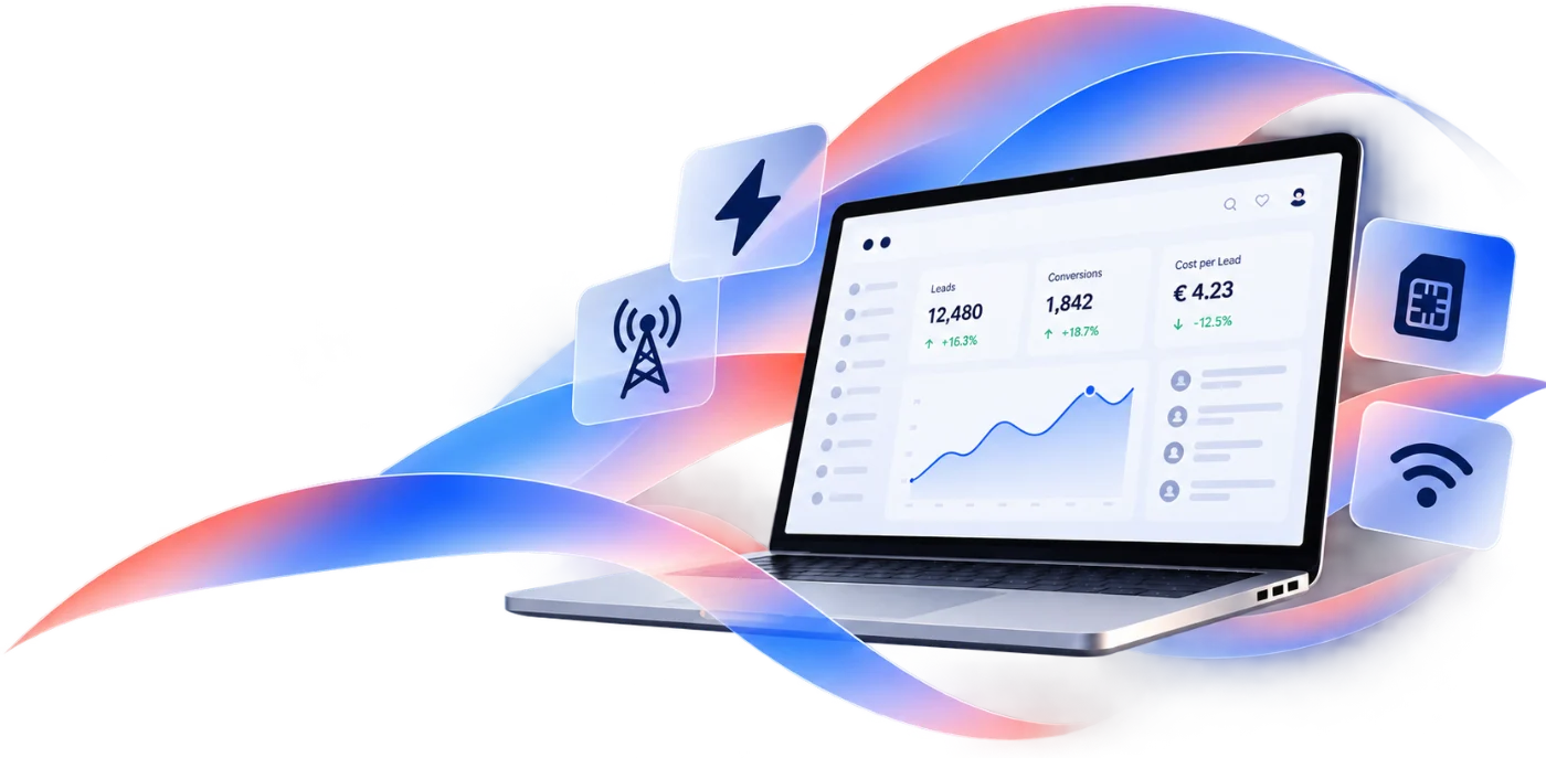 eMas energy and telco dashboard with leads, conversions and cost per lead