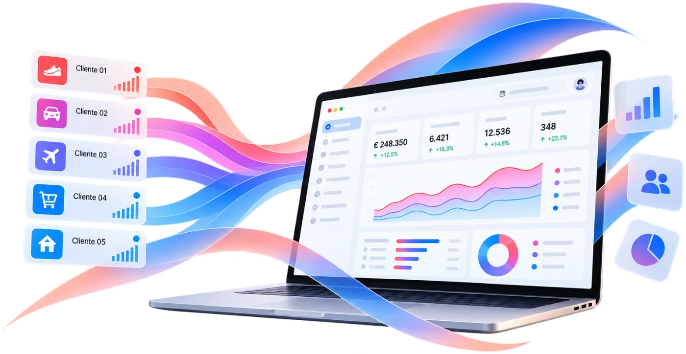 eMas agency dashboard with performance across several clients