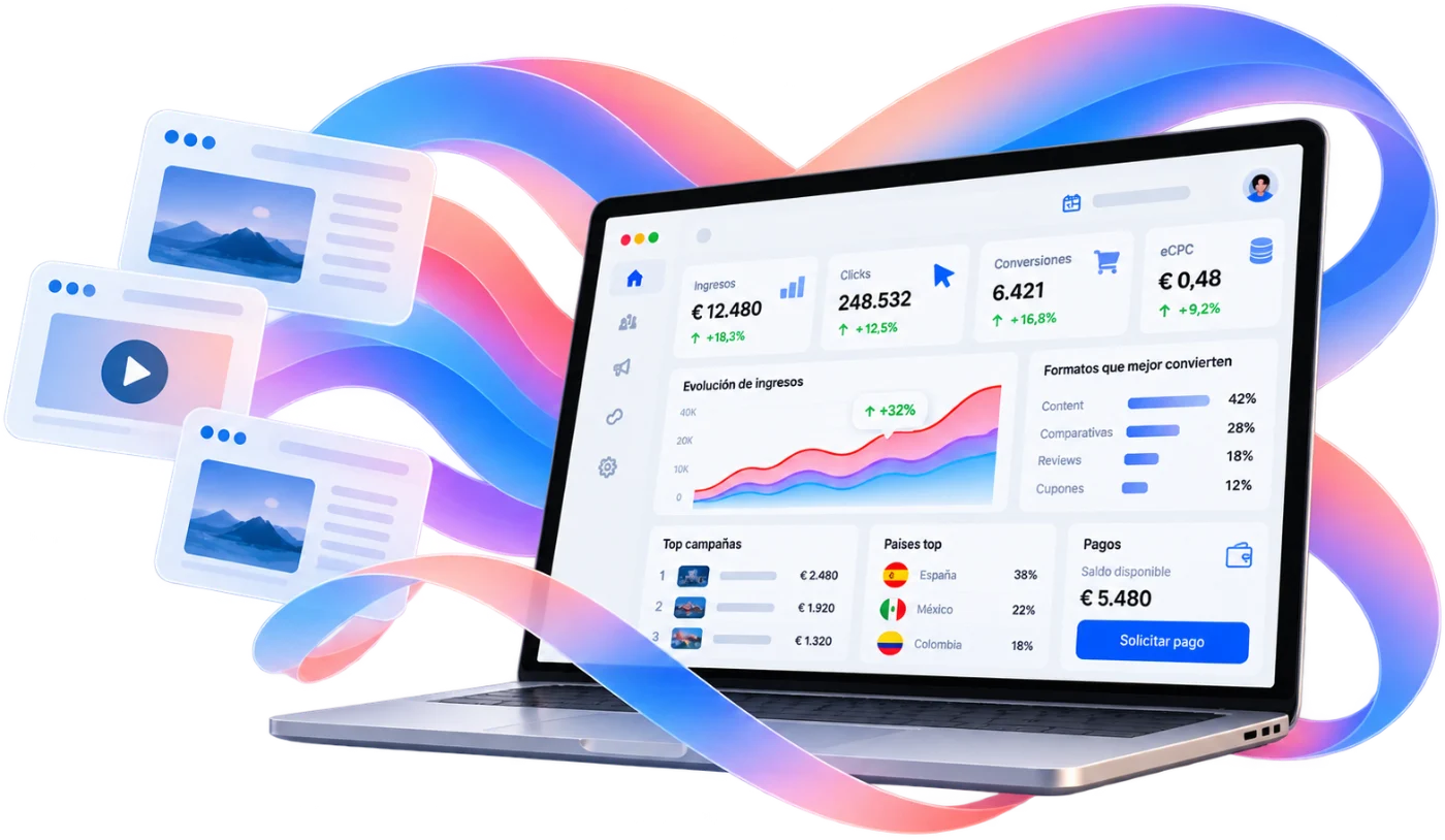 eMas publisher dashboard with revenue, clicks and conversions