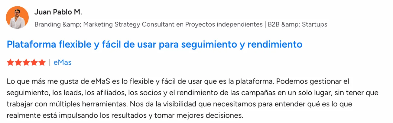 Reseña de eMas de Juan Pablo M.: Plataforma flexible y fácil de usar para seguimiento y rendimiento